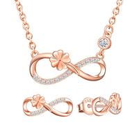 Yumilok Pendientes de Mujer, Collar de Plata Colgante de trébol y símbolo de Infinito Incrustaciones de circonita cúbica, Oro Rosa