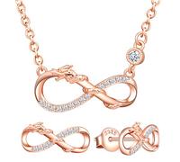 Yumilok Pendientes de Mujer, Collar de Plata de Ley 925,Collar de dragón y símbolo Infinito, Incrustaciones de circonita cúbica, Oro Rosa