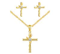 Yumilok-Pendientes de mujer collar de plata S925 Cruz de circonita de plata esterlina Conjunto de colgante de pendiente de botón de plata esterlina envuelto en rosa