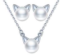 Yumilok Pendientes de Mujer Conjuntos de Joyas de Gato de Perlas, Collar de Perlas de Gato de Plata de Ley 925 para Mujer, Lindos Pendientes de Perlas de Gato