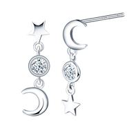 Yumilok Pendientes para mujer chica en plata de ley S925 Pendientes largos con estrellas luna y zirconia cúbica Hipoalergénicos Regalo para novia amante(tamaño pequeño)
