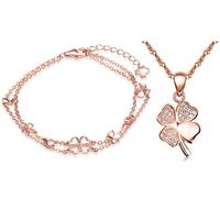 YUMILOK Pulsera/collar de oro rosa, de plata de ley 925, circonita, trébol de cuatro hojas, con colgante, accesorio para mujeres y niñas