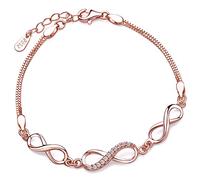 Yumilok - Pulsera con 3 amuletos símbolos del infinito, oro rosado y plata de ley 925 con circonita, brazalete para mujer, 17 - 19 cm, regulable