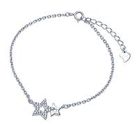 Yumilok Pulsera con dos estrellas y corazón, Plata de ley 925 y circonitas, pulsera de eslabones, para mujer y chica, regulable entre 16,51 y 19 cm