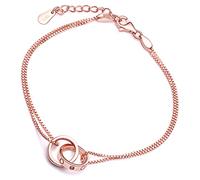 Yumilok - Pulsera de oro rosa con 2 anillos engarzados de plata de ley 925 con charm con circonita - pulsera, pulsera de cadena doble, cadenas para mujer, niña, 16,5 - 19 cm, regulable