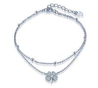 Yumilok - Pulsera de tobillo para mujer niña 925 plata pulsera de trébol con perlas doble cadena color plata de una talla de plata esterlina, circonita cúbica, One Size, Plata de ley, Circonita cúbica