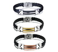Yumilok Pulseras de acero inoxidable para hombre en negro, oro y naranja, 3 unidades, 20 centimeters, Cuero Acero inoxidable, Sin piedra