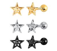 Yumilok Tres pares de pendientes en forma de estrella de acero inoxidable con clavos para hombres y mujeres incrustados en el planeta de cinco puntas de cartílago