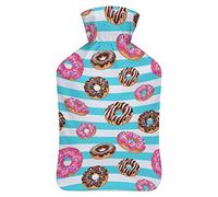 Yummy Donuts on Striped Rubber Water Bottle with Soft Plush Cover Injection Hot Water Bag for Winter Hand Feet Cold Protection 1000 ml