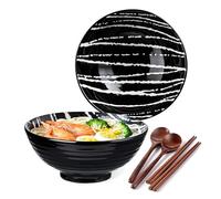 YUN TAO Juego de 2 cuencos japoneses de ramen de cerámica, 1183 ml, para ensalada, udon, soba, pho y sopa de fideos, con cuchara y palillos (negro)