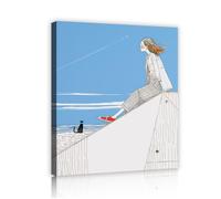 YUNART Decoración de pared de ilustración de chica y gato Arte mural azul del océano Estilo estético de pintura oceánica Grabados de arte para salón 70x90cm Marco interior