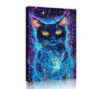 YUNART Fantasy Galaxy Cat Arte mural Mystical Black Cat con ojos amarillos brillantes Decor de pared Decor moderna del salón y baño Decor de pared 55x82cm Interior