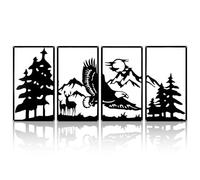 YunBey Juego de decoración de pared de metal, 4 paneles bosque montaña águila silueta de ciervo, 111 × 43 cm, decoración rústica para exteriores e interiores para salón, jardín, cabaña, decoración del