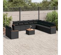 YunCangg 12-TLG - Juego de sofás de jardín (ratán, polirratán, resistente a la intemperie, para terraza, balcón, mesa de madera de acacia), color negro