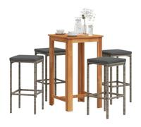YunCangg 5-TLG - Juego de bar de jardín con madera maciza de acacia y ratán sintético resistente a la intemperie, 60 x 60 x 105 cm, 4 taburetes de bar con cojín para terraza, balcón, porche