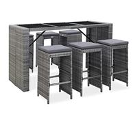 YunCangg 7-TLG - Juego de bar de jardín con ratán sintético y cojines, 185 x 80 x 110 cm, mesa de cristal templado esmerilado, 6 taburetes con tapicería de 4 cm, resistente a la intemperie, para