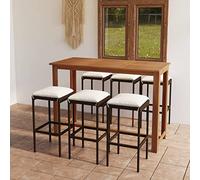 YunCangg 7-TLG Juego de bar de jardín marrón con mesa de madera de acacia, 150 x 70 x 105 cm, taburete de bar de ratán sintético con cojines de color blanco crema, resistente a la intemperie, para
