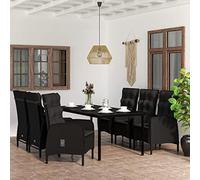 YunCangg 7-TLG - Juego de comedor de jardín con cojín (ratán de polietileno y acero pulverizado, 200 x 100 x 74 cm, 6 sillas con cojín de 4 cm de grosor, para terraza, balcón, uso al aire libre)
