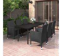 YunCangg 7-TLG - Juego de comedor de jardín con cojines de ratán sintético, marco de acero con recubrimiento en polvo, placa de cristal, 200 x 100 x 74 cm, 6 sillas con cojín de asiento, resistente a