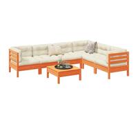 YunCangg 7-TLG - Sofá de jardín de madera maciza de pino, color marrón cera, con cojín, 3 sofás esquineros, 3 sofás centrales, 1 taburete, resistente a la intemperie, para terraza, balcón, porche