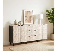 YunCangg Aparador de madera maciza de mango con superficie blanca lavada 180 x 33 x 75 cm, 3 cajones, juego de 3 piezas, espacio de almacenamiento para salón, oficina, pasillo, moderna solución de