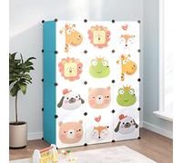 YunCangg Armario infantil modular con 12 cubos azul de plástico PP y marco de acero, 110 x 46,5 x 144 cm, estable con diseño de dibujos animados, ahorra espacio, fácil de montar