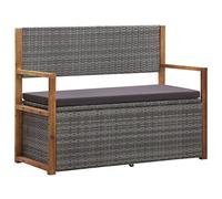 YunCangg Banco con espacio de almacenamiento de poliratán y madera maciza de acacia, 115 cm, gris, con cojín extraíble resistente a la intemperie, para jardín, terraza, balcón, exterior