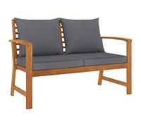 YunCangg Banco de jardín de 120 cm de madera maciza de acacia con cojín gris oscuro, resistente a la intemperie, con respaldo y reposabrazos para terraza, balcón, asiento exterior