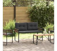 YunCangg Banco de madera con cojín gris pálido 114 x 55 x 77 cm, de madera maciza de acacia y acero con recubrimiento en polvo, resistente a la intemperie, para balcón, terraza, exterior con cojín