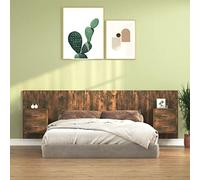 YunCangg Cabecero de cama con mesitas de noche, madera de roble ahumado, 160 x 80 cm, 2 mesitas de noche, montaje en pared, espacio de almacenamiento, dormitorio, cama doble, respaldo, cabecera de