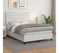 YunCangg Cama con somier con colchón, color blanco, 140 x 190 cm, piel sintética, cabecero de cama regulable en altura regulable, colchón de muelles ensacados con plataforma para un sueño reparador