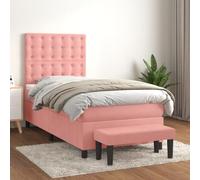 YunCangg Cama con somier con colchón de 90 x 200 cm de terciopelo rosa con cabecero ajustable y colchón de muelles ensacados, incluye banco y cubrecolchón para dormir cómodo y noches relajadas