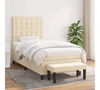 YunCangg Cama con somier de color crema, 90 x 200 cm, con funda de tela, colchón de muelles ensacados, cabecero regulable en altura, incluye banco y cubrecolchón para dormir cómodamente y noches
