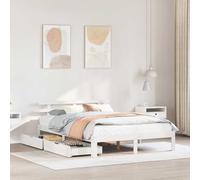 YunCangg Cama de madera maciza con cajones, color blanco, 150 x 200 cm, madera de pino, estructura estable con somier, cabecero cómodo, práctico espacio de almacenamiento, cajones inferiores