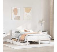 YunCangg Cama de madera maciza con cajones, color blanco, 150 x 200 cm, somier de láminas de pino con cabecero y espacio de almacenamiento, para dormitorio, comodidad y orden