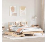 YunCangg Cama de madera maciza con estante y somier de listones de 120 x 190 cm pino natural, estructura de cama estable con espacio de almacenamiento y 2 cajones, cabecero que ahorra espacio, madera