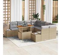 YunCangg Conjunto de comedor de jardín de 9 piezas con cojín, ratán sintético y marco de acero con recubrimiento en polvo, mesa rectangular de madera de acacia, modular, resistente a la intemperie