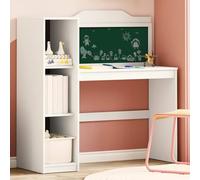 YunCangg Escritorio con estante abierto y pizarra de tiza ROROS color blanco de madera 120 x 45 x 118,5 cm con 3 estantes, espacio de almacenamiento para oficina y oficina en casa