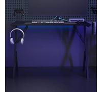 YunCangg Escritorio para juegos con estructura en Y negro y rojo, 110 x 60 x 75 cm, madera y hierro, bandeja para auriculares y controladores, soporte para vasos, ergonómico para PC, portátil, oficina