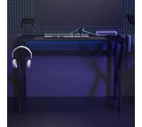 YunCangg Escritorio para videojuegos con estructura en K negro y rojo, 110 x 60 x 75 cm, madera y hierro, bandeja para auriculares y controlador, soporte para vasos, ergonómico para oficina y oficina