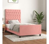 YunCangg Estructura de cama con cabecero de terciopelo rosa de 100 x 200 cm, cama de madera estable con cabecero regulable en altura, plataforma cómoda para un sueño reparador, incluye instrucciones