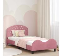 YunCangg Estructura de cama infantil con cabecero rosa de 90 x 190 cm de terciopelo, marco de madera, espacio de almacenamiento integrado, somier de lamas, diseño bajo, cama moderna para dormitorio