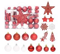 YunCangg Juego de 108 bolas de Navidad de plástico rojo y blanco con caja, varios tamaños y formas, incluye estrella y copo de nieve, decoración para árbol de Navidad, Adviento, salón, día de fiesta