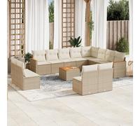 YunCangg Juego de 13 sofás de jardín beige de ratán sintético con mesa de madera de acacia, resistente a la intemperie, juego de muebles para terraza, balcón y jardín, incluye cojines y espacio de