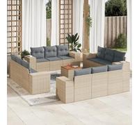 YunCangg Juego de 13 sofás de jardín con cojines beige de polirratán resistente a la intemperie, para terraza, balcón, mesa de madera de acacia y espacio de almacenamiento, ideal para relajarse al