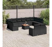 YunCangg Juego de 13 sofás de jardín con cojines de polirratán, resistente a la intemperie, para terraza, balcón, mesa de madera de acacia y espacio de almacenamiento, color negro