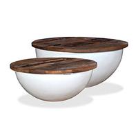 YunCangg Juego de 2 mesas de café de madera vieja, color blanco macizo, con base en forma de cuenco, mesa de café, mesa auxiliar con espacio de almacenamiento y cajón, diseño industrial vintage