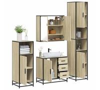 YunCangg Juego de 4 muebles de baño de roble Sonoma, madera de roble con armario para debajo del lavabo, armario alto con espejo, armario alto para cuarto de baño, espacio de almacenamiento para