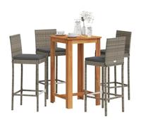 YunCangg Juego de 5 barras de jardín gris de madera maciza de acacia y ratán sintético resistente a la intemperie con mesa de bar de 60 x 60 x 105 cm y 4 taburetes para terraza, balcón y salón al aire