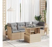 YunCangg Juego de 5 sofás de jardín beige con polirratán trenzado, 2 sofás centrales, 2 sofás esquineros, mesa con placa ajustable, cojín con funda extraíble para terraza, balcón